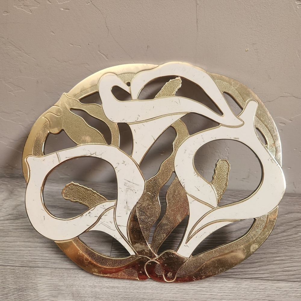 Vintage Gold White Calla Lily Trivet 9" Art Nouveau Floral Enamel Metal Decor